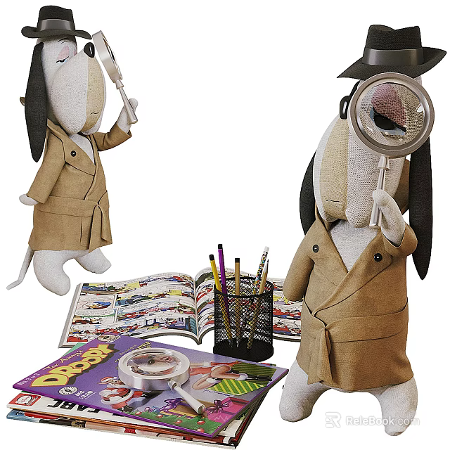 Plush Detective Dog Toys With Magnifying Glass Open Activity Book And Colored Pencils 3d model 