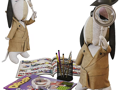 Plush Detective Dog Toys With Magnifying Glass Open Activity Book And Colored Pencils 3d model