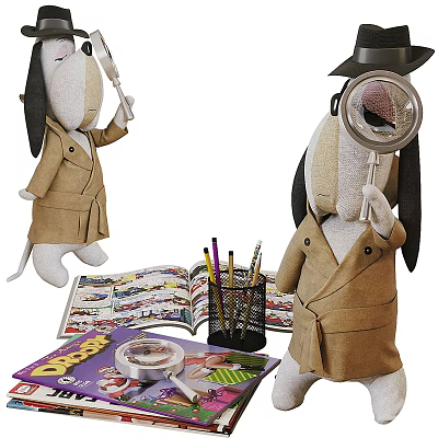 Plush Detective Dog Toys With Magnifying Glass Open Activity Book And Colored Pencils 3d model