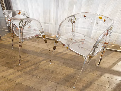 Transparent Acrylic Leisure Chair With Leaf Patterns For Modern Indoor Decoration 3d model