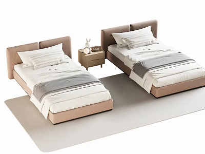 Minimalist Bedroom Interior With Two Single Beds Gray Striped Bedding Beige Frames And Nightstand 3d model