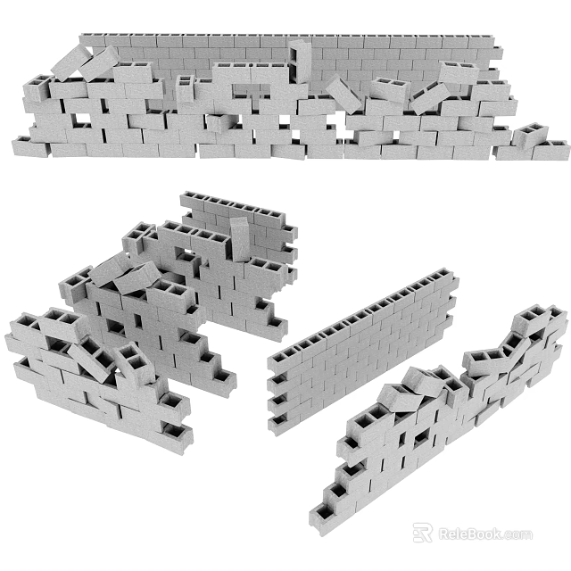 Gray Concrete Building Blocks In Various Wall Structures And Stacked Configurations 3d model 