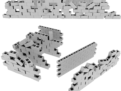 Gray Concrete Building Blocks In Various Wall Structures And Stacked Configurations 3d model