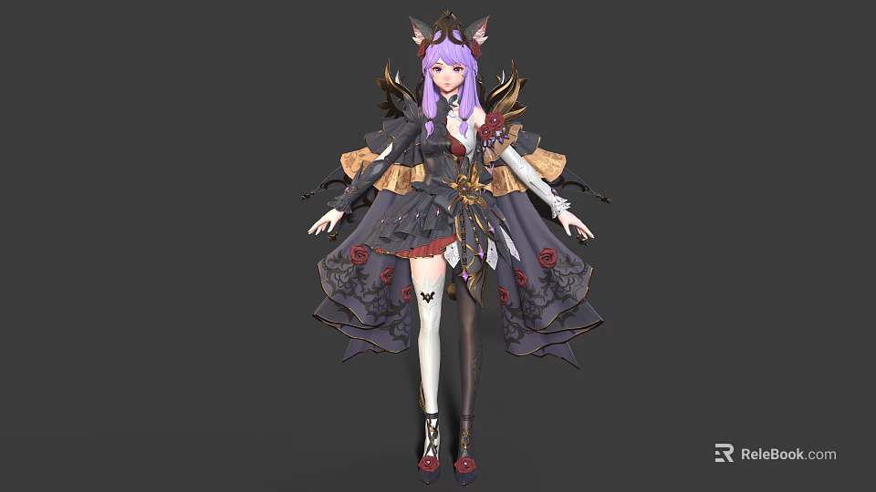 Female Character With Cat Ears And Purple Hair In Elaborate Black Gold Outfit With Red Rose Decorations 3d model 