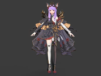 Female Character With Cat Ears And Purple Hair In Elaborate Black Gold Outfit With Red Rose Decorations 3d model