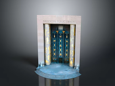 Rockefeller Library Entrance With Blue Doors Gold Accents Stone Columns And Steps 3d model