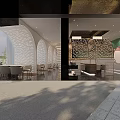 Elegant Modern Restaurant Interior With Arched Windows Striped Lighting And Bar Counter