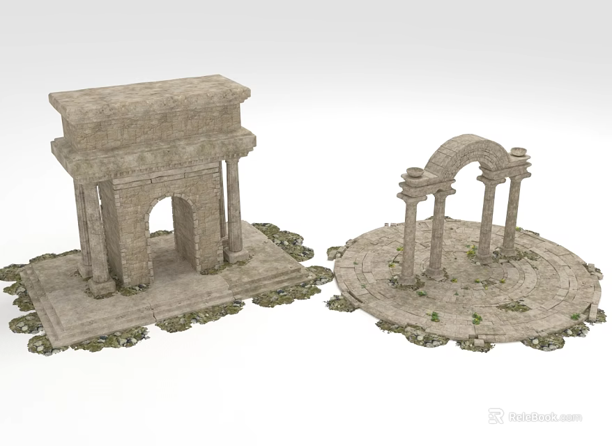 Ancient Stone Architecture Models Featuring Arched Doorways Columns And Moss Covered Bases 3d model