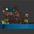 Cartoon Scene Featuring Wooden Hut On Water With Blue Roof And Small Boat