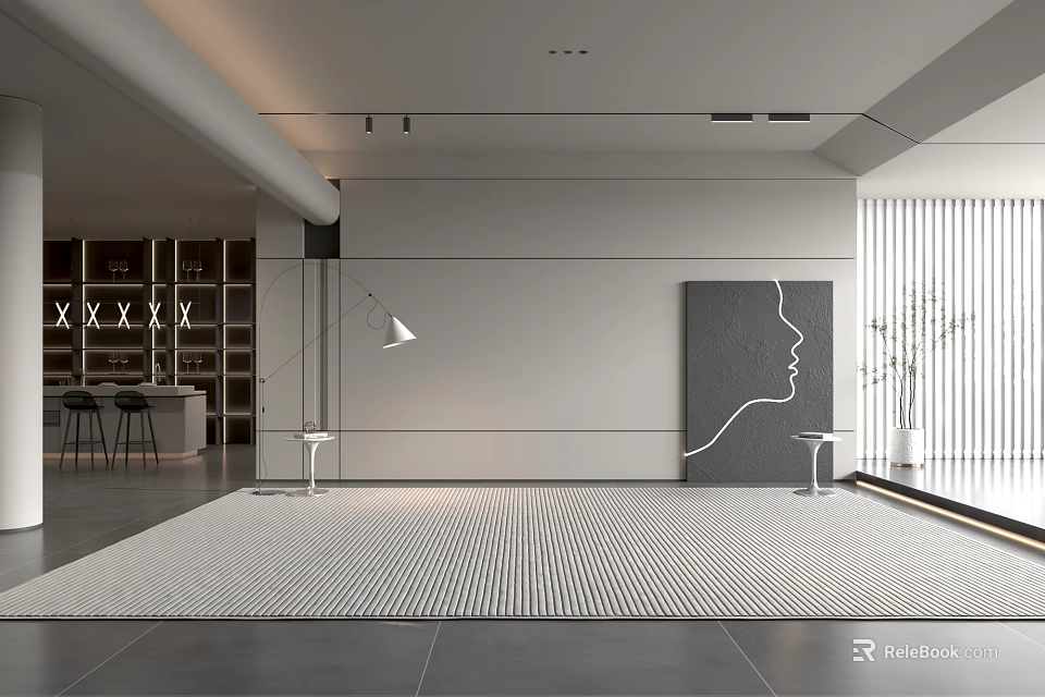 Modern Sofa Background Wall With Abstract Black Face Artwork And Floor Lamp 3d model