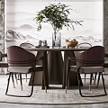 Elegant Restaurant Interior With Circular Pendant Light Marble Walls And Purple Chairs