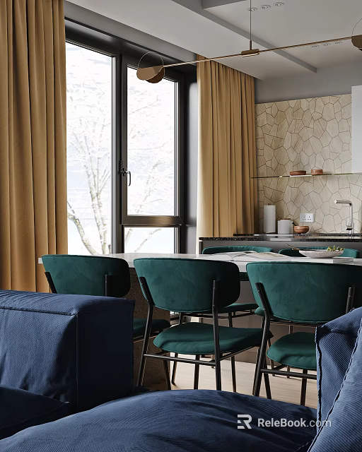 Modern Restaurant Interior Design With Green Chairs Blue Sofa And Large Windows 3d model