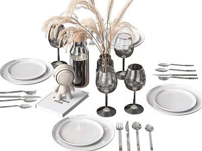 Modern Dinnerware Set For Dining Table With White Plates Wine Glasses And Cutlery 3d model