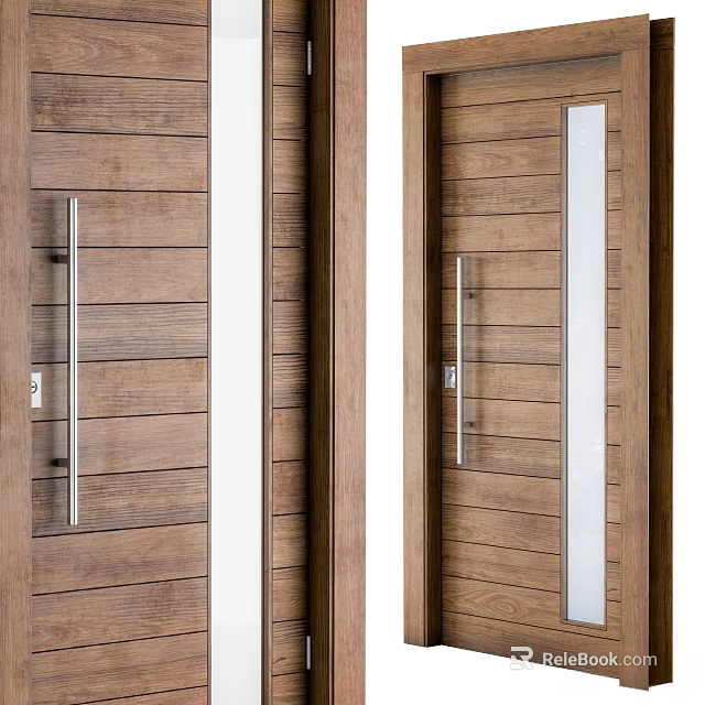 Wooden Hinged Doors Modern Design With Metal Handles And Glass Strips 3d model 