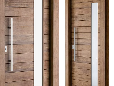 Wooden Hinged Doors Modern Design With Metal Handles And Glass Strips 3d model