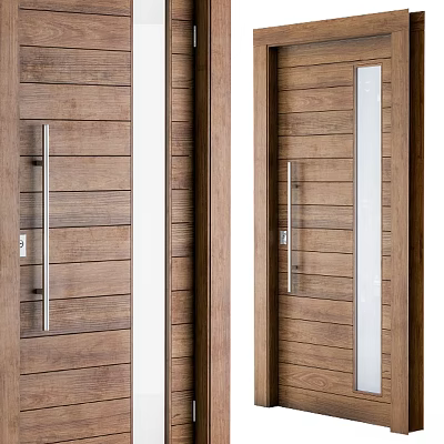 Wooden Hinged Doors Modern Design With Metal Handles And Glass Strips 3d model