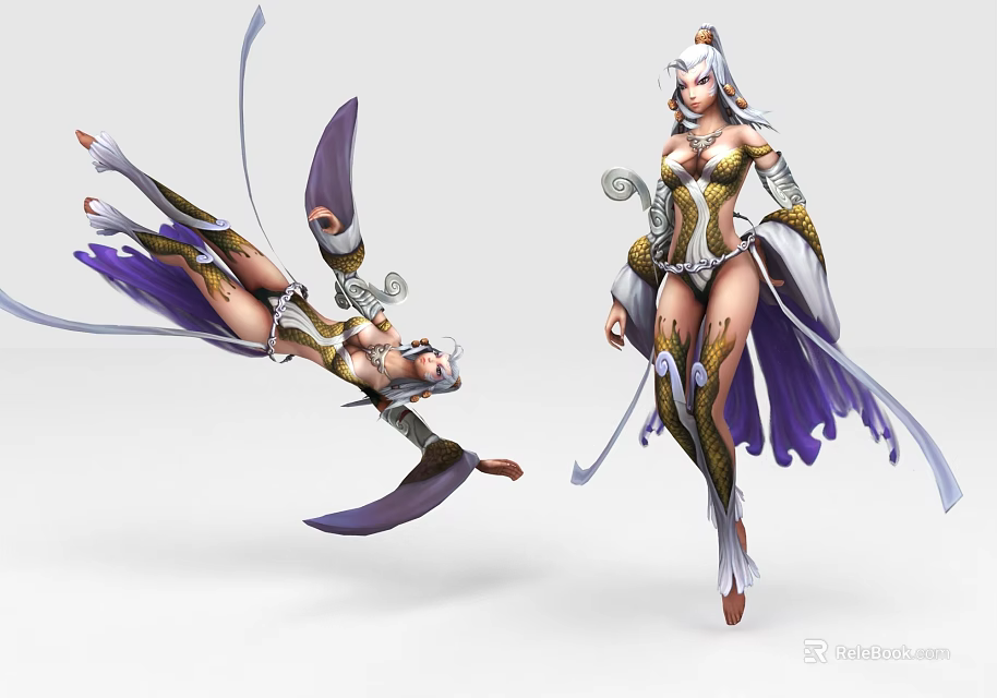 Game Film Female Characters With Dynamic Poses Elaborate Purple Gold Costumes And Flowing Decorations 3d model 