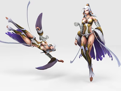 Game Film Female Characters With Dynamic Poses Elaborate Purple Gold Costumes And Flowing Decorations 3d model