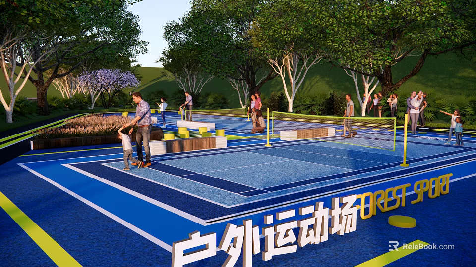 Fire Rescue Access Area in Outdoor Sports Field With Blue Surface And Yellow Safety Lines 3d model 