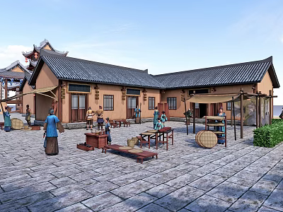 Traditional Chinese Commercial Street Featuring Ancient Architecture People Shopping And Wooden Stalls 3d model