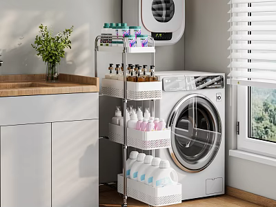 Multi Tiered Storage Rack In Laundry Room With Washing Machine And Organized Supplies 3d model