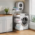 Multi Tiered Storage Rack In Laundry Room With Washing Machine And Organized Supplies