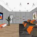 Home Theater Room With Large Screen TV Orange Recliner Seats And Wooden Flooring
