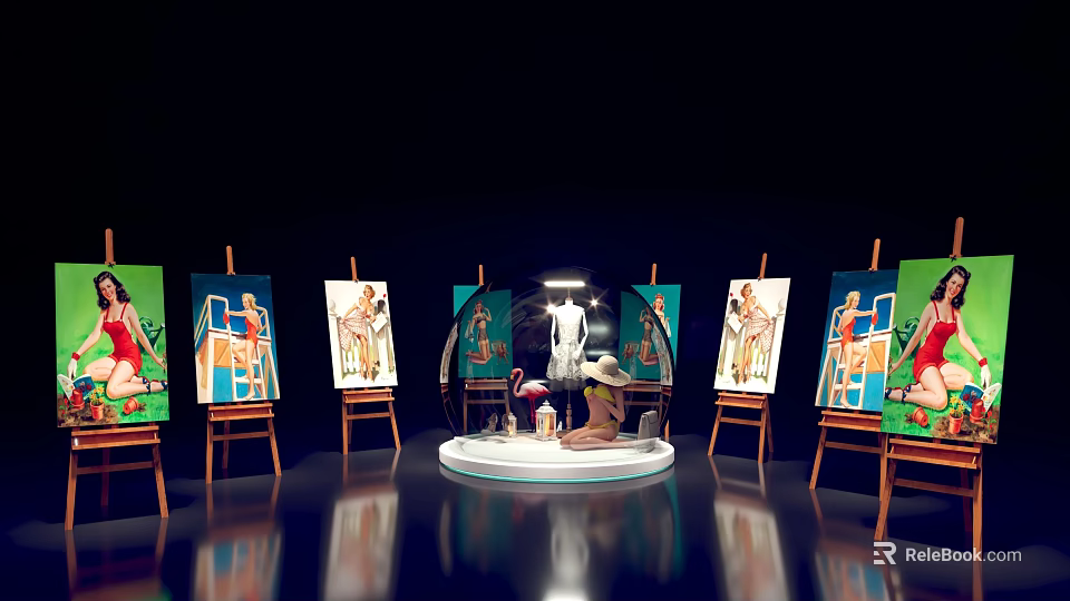 Art Exhibition Photo Spot With Colorful Paintings On Easels Circular Platform Sculpture And Green Plants 3d model 