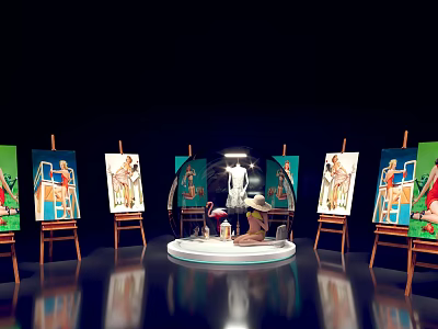 Art Exhibition Photo Spot With Colorful Paintings On Easels Circular Platform Sculpture And Green Plants 3d model