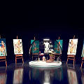 Art Exhibition Photo Spot With Colorful Paintings On Easels Circular Platform Sculpture And Green Plants