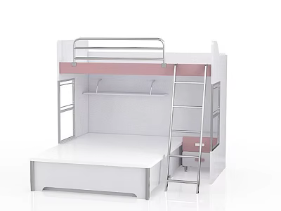 Modern Bunk Bed Featuring Metal Ladder Upper Guardrail And Lower Platform 3d model