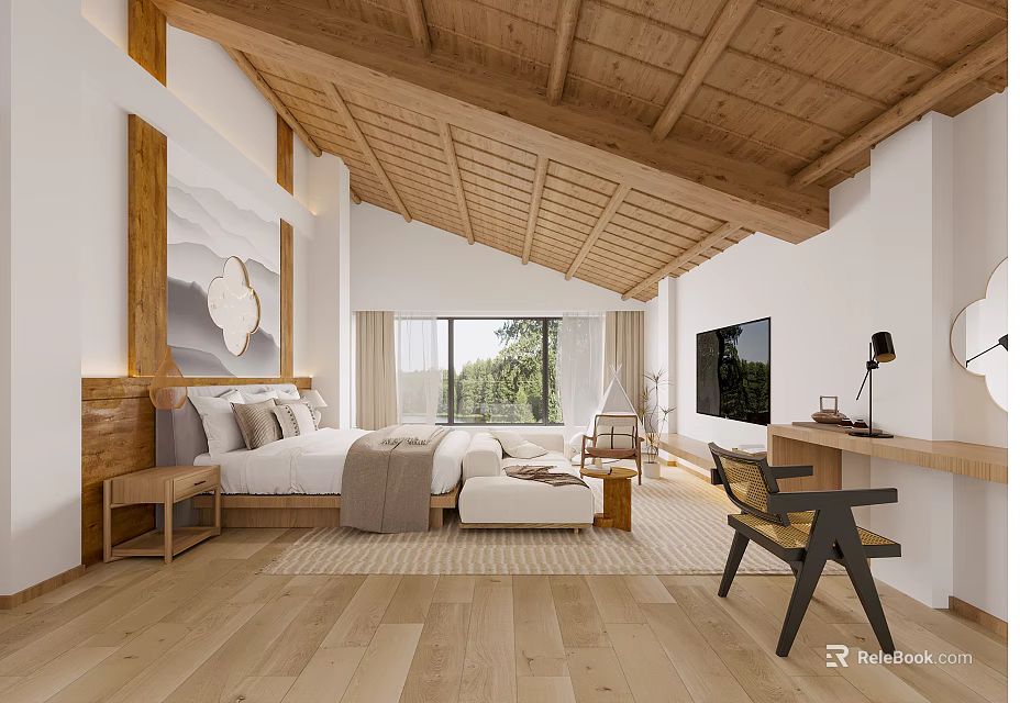 Elegant Hotel Guest Room With Wooden Ceiling Large Bed Window TV Desk And Wooden Flooring 3d model 