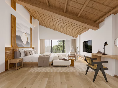 Elegant Hotel Guest Room With Wooden Ceiling Large Bed Window TV Desk And Wooden Flooring 3d model