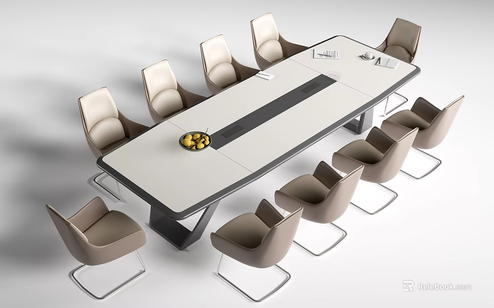 Modern Office Desk With Light Surface Dark Stripe Surrounded By Beige Chairs And Fruit Bowl 3d model 