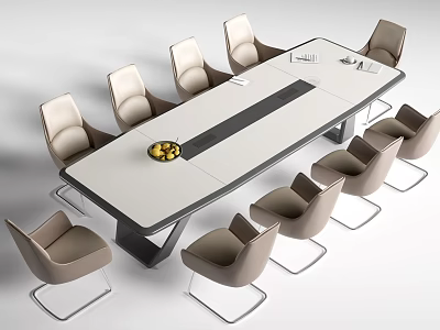 Modern Office Desk With Light Surface Dark Stripe Surrounded By Beige Chairs And Fruit Bowl 3d model