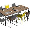 Modern Conference Table With Notebooks Cups And Small Potted Plant And Grey Yellow Brown Chairs
