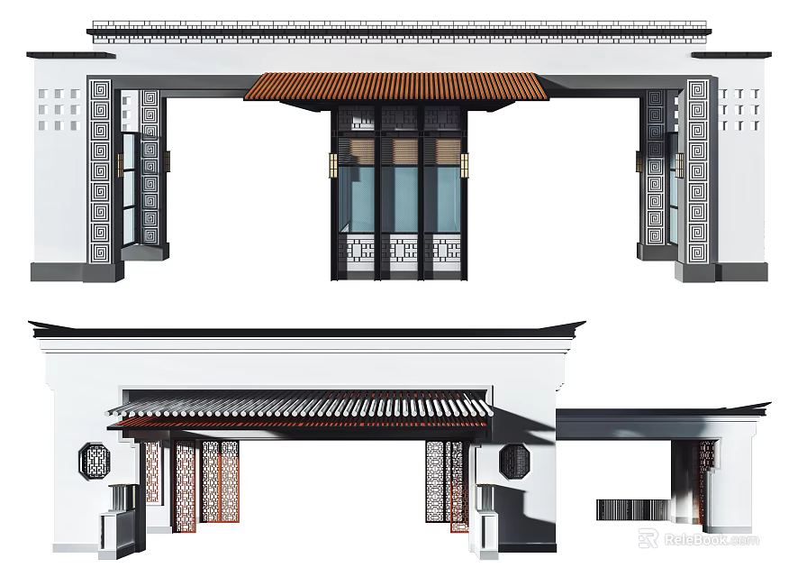 Traditional Chinese Style Entrance Gate With Classic Eave And Carved Pillars 3d model 