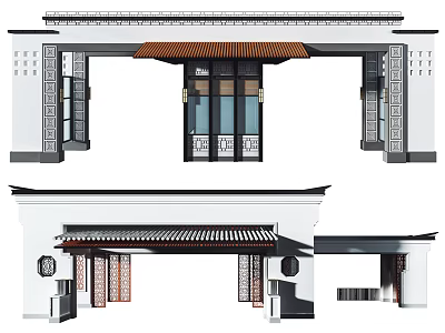 Traditional Chinese Style Entrance Gate With Classic Eave And Carved Pillars 3d model