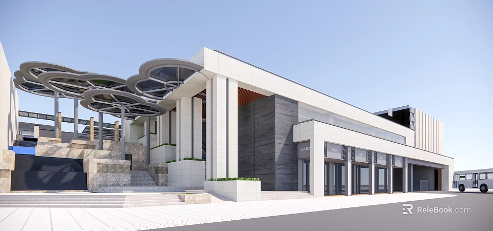 Modern Commercial Street Building With White Grey Facade Large Glass Windows And Sunshade Structure 3d model 