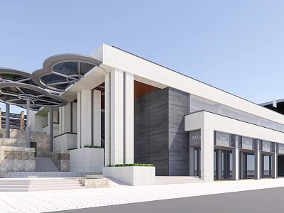Modern Commercial Street Building With White Grey Facade Large Glass Windows And Sunshade Structure 3d model