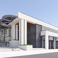 Modern Commercial Street Building With White Grey Facade Large Glass Windows And Sunshade Structure