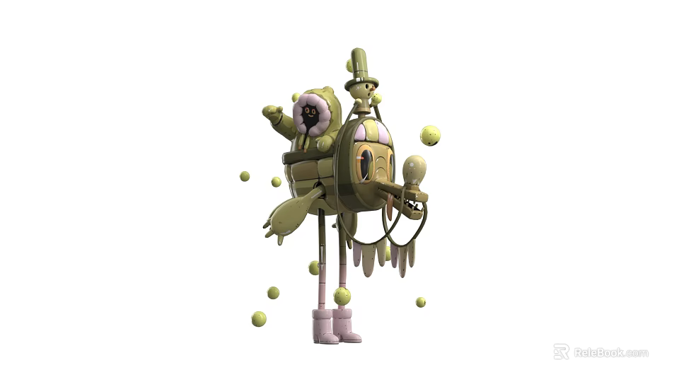 Man Interacting With Green Mechanical Structure Featuring Bird Head And Yellow Balls 3d model 