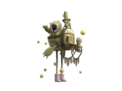 Man Interacting With Green Mechanical Structure Featuring Bird Head And Yellow Balls 3d model
