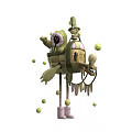 Man Interacting With Green Mechanical Structure Featuring Bird Head And Yellow Balls