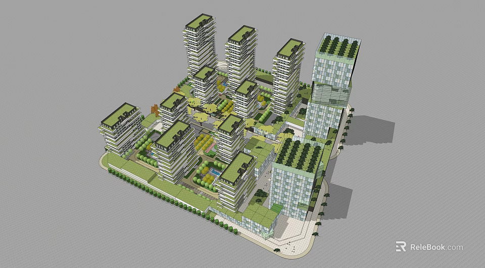 Modern High Rise Residential Complex With Green Roofs And Open Spaces 3d model 