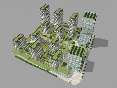 Modern High Rise Residential Complex With Green Roofs And Open Spaces 3d model