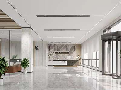 Modern Office Reception Area With Marble Desk Plants Glass Walls And Natural Light 3d model
