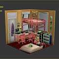 Colorful Bedroom Interior Design With Bunk Bed Desk Computer Orange Walls Windows And Blue Cabinet