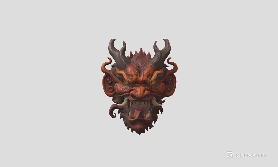 Decorative Ornament Set with Red Brown Dragon Mask Intricate Carvings and Traditional Design 3d model 