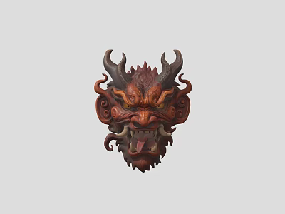 Decorative Ornament Set with Red Brown Dragon Mask Intricate Carvings and Traditional Design 3d model